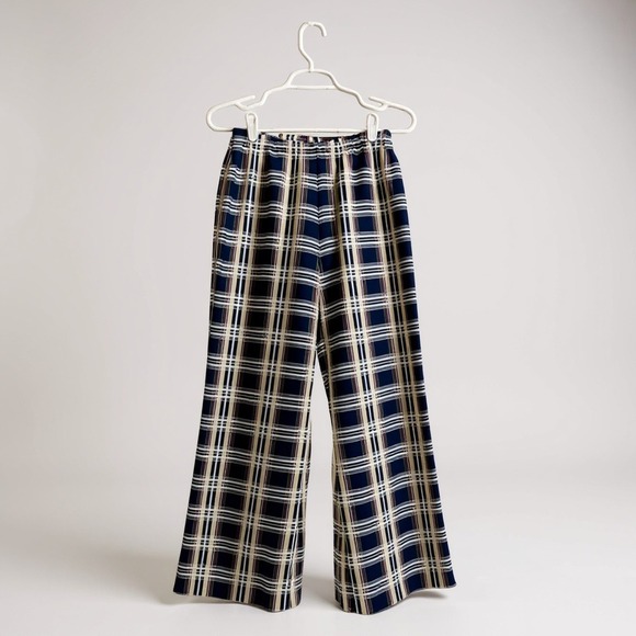 Unknown Pants - Vintage Navy & Cream Plaid Wide-Leg Pants With Elastic Waist